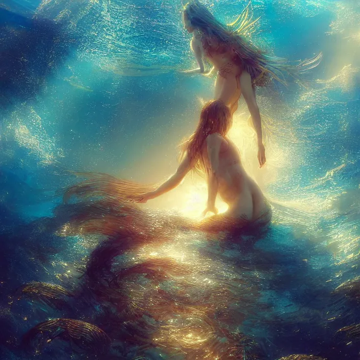 Prompt: glimmering mermaid swimming underwater, golden hour, god rays, coral reef, dreamscape by artgerm and ruan jia and ismail inceoglu and greg olsen, cosmos, milky way galaxy, masterpiece, beautiful, intricate, elegant, highly detailed, palm trees