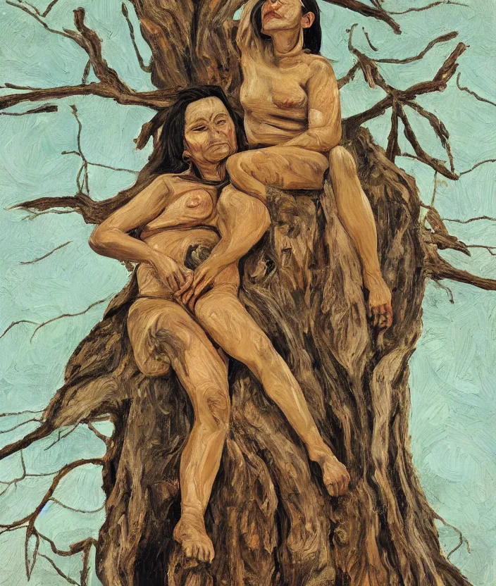 Prompt: indigenous woman on top of a tree, painted by lucian freud, hd, super detailed, realistic, muted colors