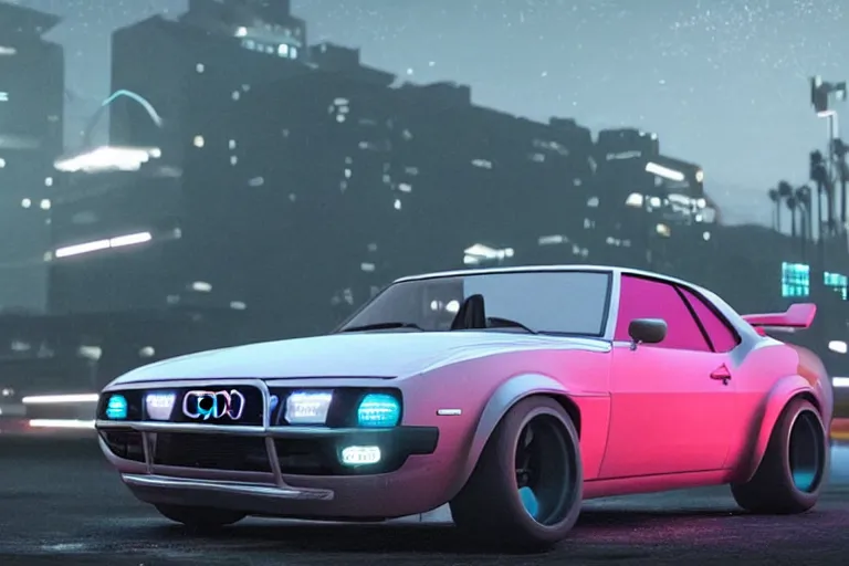 Image similar to widebody audi camaro b 1 ( 1 9 6 9 ), need for speed : carbon, at night, sci - fi, neon lines, phonk music background, smoke behind wheels, noise, dark, establishing shot, by simon stalenhag