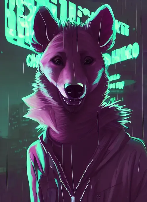 Image similar to beautiful portrait commission of a female furry anthro hyena fursona wearing skaterpunk clothes. Cyberpunk city at night in the rain. Neon light. Atmospheric. Character design by charlie bowater, ross tran, artgerm, and makoto shinkai, detailed, inked, western comic book art