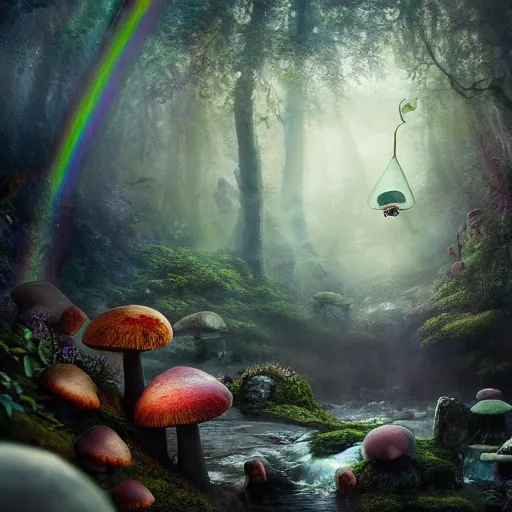 Prompt: tom bagshaw, soft painting render curiosities carnival pond river vegetation rocks gigantic mushrooms covered moss scintillating bioluminescent wisps, beautiful miniature silhouettes waterfall rainbow wildlife, accurate features, focus, very intricate ultrafine details, random volumetric lighting, fog, award winning masterpiece, octane render 8 k hd, artstation