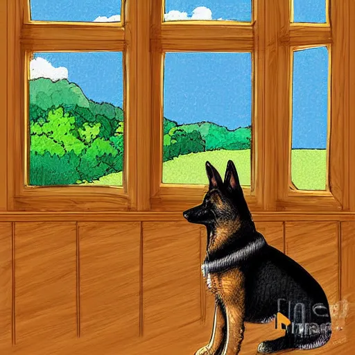 Prompt: a german shepherd puppy sits on the sofa near a bay window in a small cozy kitchen. in front of the sofa is a kitchen table made out of wood. lots of art hang on the kitchen walls. the puppy waits patiently and is looking out the window. outside it's warm and sunny. digital art in the style of bill watterson.