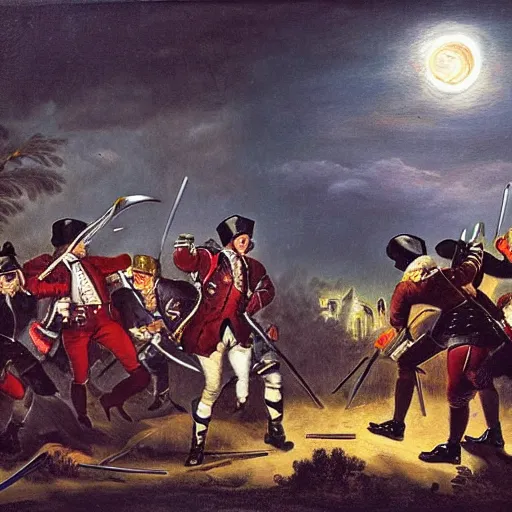 Image similar to painting of 18th century battle between British redcoats fighting werewolves in village streets, midnight, full moon, gothic, oil painting, night, colors,