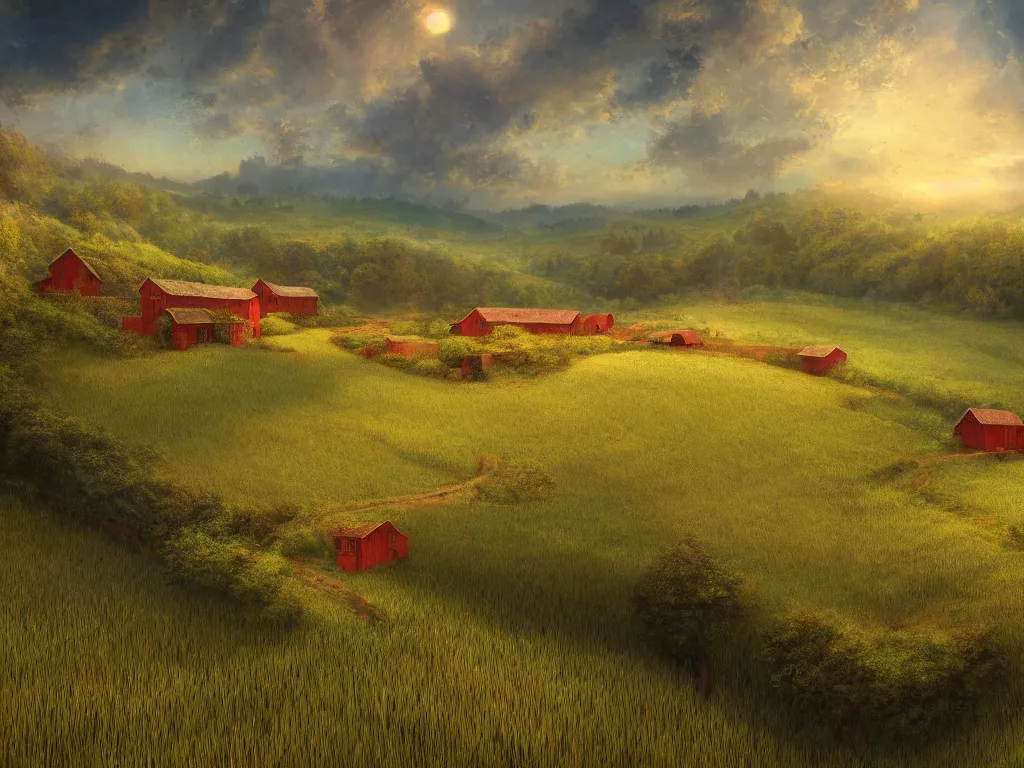 Prompt: Intricate detailed lush ravine with a single isolated red barn next to a wheat crop at noon. Wide angle shot, surreal, dreamlike, Artstation, Thomas Chamberlain-Keen