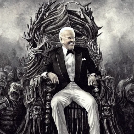 Prompt: Joe Biden sitting on his throne of skulls and smiling, oil on canvas, 1883