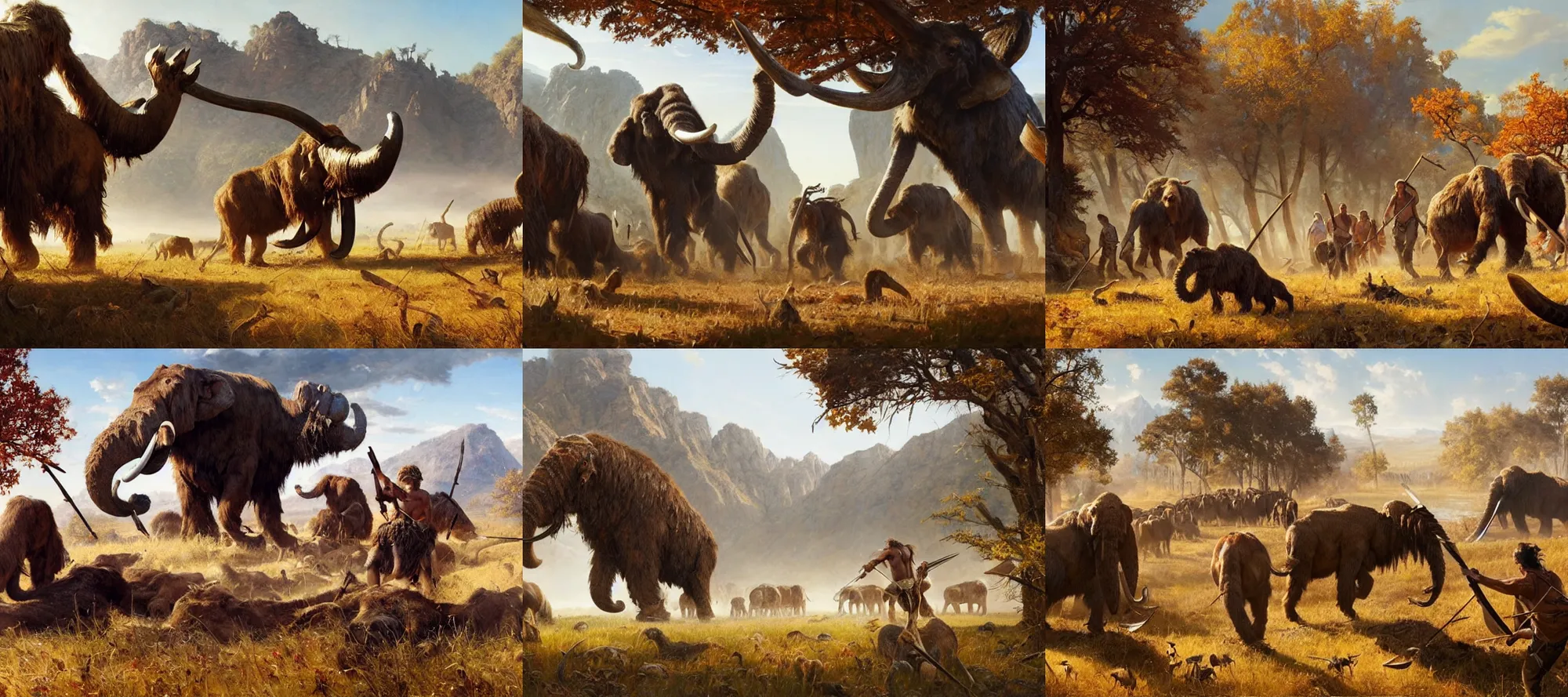 Prompt: epic scene of prehistoric hunter gatherers hunting a wooly mammoth with spears, autumn season, clear and beautiful sunny weather, epic feels, high details, oil painting by greg rutkowski and craig mullins, 8 k