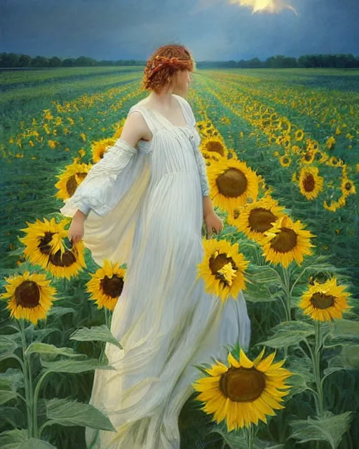 Prompt: a girl slowly in really long dress walking through amazing tall sunflower field, hair flowing, early morning lightning, bad weather approaching, oil on canvas, artstation, by j. c. leyendecker and edmund blair leighton and charlie bowater, octane, very aesthetic!!!!!!!!!!!!!!!