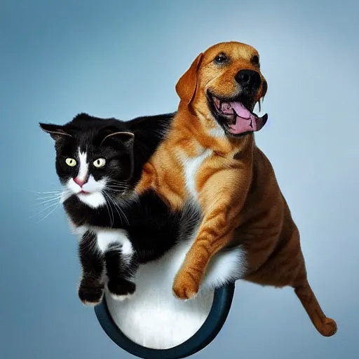 Prompt: cat riding a dog into battle, photography