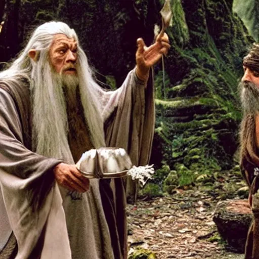 Image similar to gandalf doing a shamanic ritual with frodo in the movie lord of the rings, ayahuasca, dmt, magic mushroom, ultra realistic