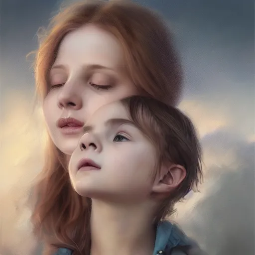 Prompt: pure love is patient love is kind, mother and child ; photorealistic oil painting by charlie bowater and mark brooks ; highly detailed cute faces by wlop ; trending on artstation ; 8 k high resolution, symmetrical, cinematic, high coherence, golden ratio, rule of thirds, perfectly centered anatomically accurate portraits