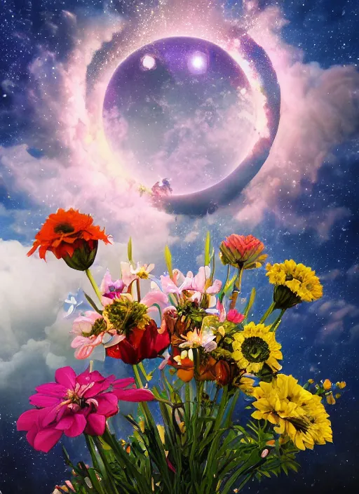 Image similar to An epic fantastic realism comic book style painting of the most beautiful flowers launched into space, bouquets, solar eclipse, fisheye, unreal 5, DAZ, hyperrealistic, octane render, dynamic lighting