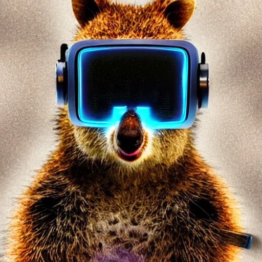 Image similar to a quokka wearing a hmd vr, cyberpunk digital painting