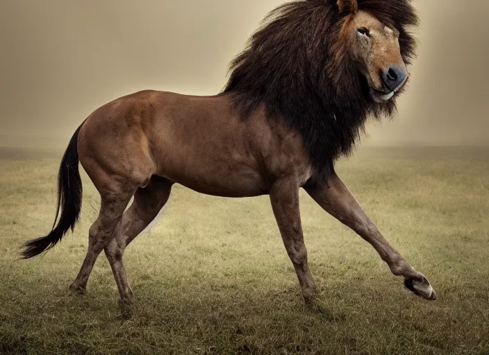 Image similar to a horse with a lion body hybrid, national geographic photography