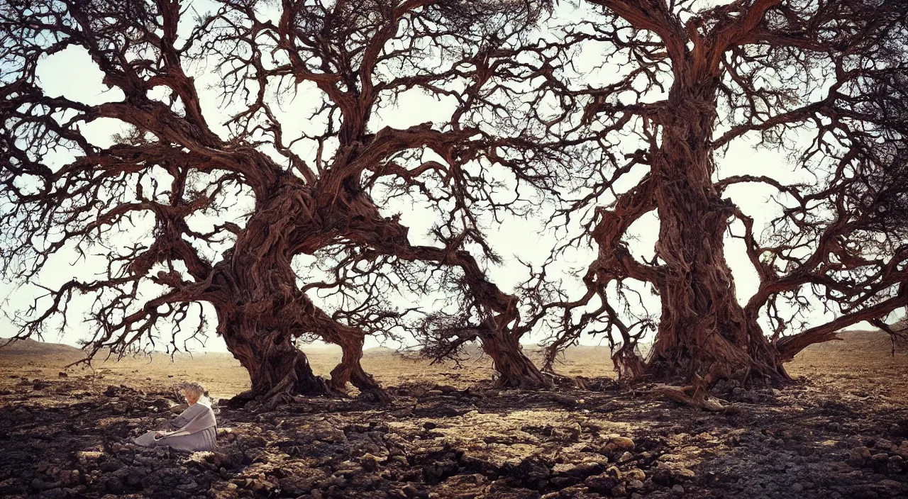 Prompt: 65-year-old tree-like Gaia Goddess shedding one emotionless tear as she sits on a dried up river in a desolate land, blue sky, hot and sunny, highly-detailed, elegant, dramatic lighting, artstation, 4k, cinematic landscape, photograph by Elizabeth Gadd