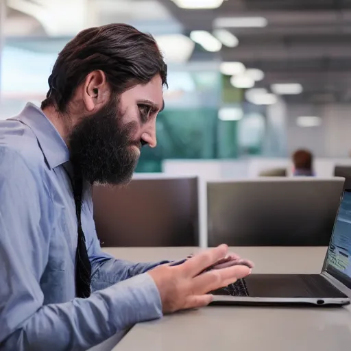 Image similar to a picture of a bearded developer who is trying to work with rxjs but has no idea what he is doing. he looks seriously frustrated. this all takes place in an office which is inside the amsterdam olympic stadium