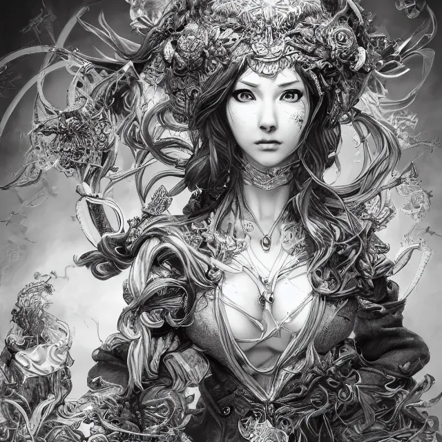 Image similar to the portrait of chaotic good female druid alchemist as absurdly beautiful, gorgeous, elegant, young gravure idol, an ultrafine hyperdetailed illustration by kim jung gi, irakli nadar, intricate linework, sharp focus, bright colors, octopath traveler, final fantasy, unreal engine 5 highly rendered, global illumination, radiant light, detailed and intricate environment