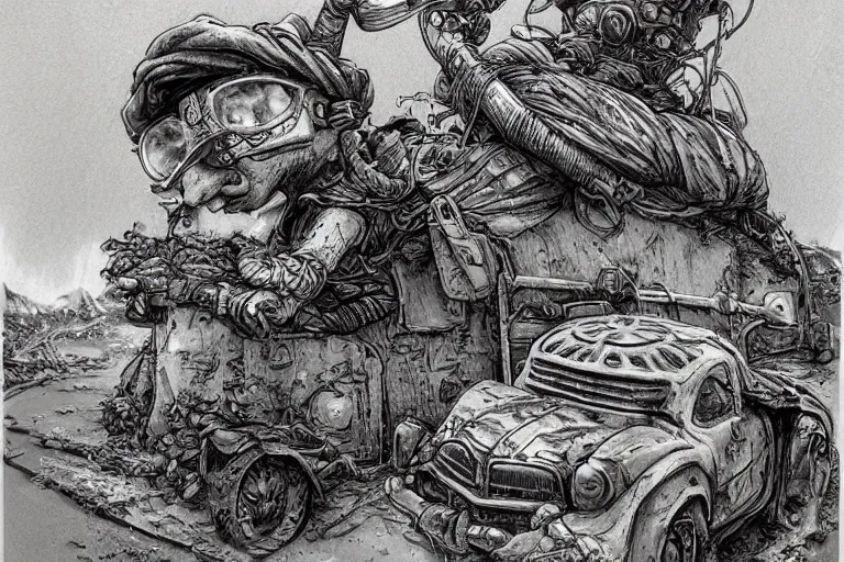 Prompt: a highly detailed garden gnome wearing goggles and head scarf hanging off the back of a car in full speed, wasteland, wide angle, an ultrafine detailed painting by p. craig russell and barry windsor - smith, trending on deviantart, octane, masterpiece