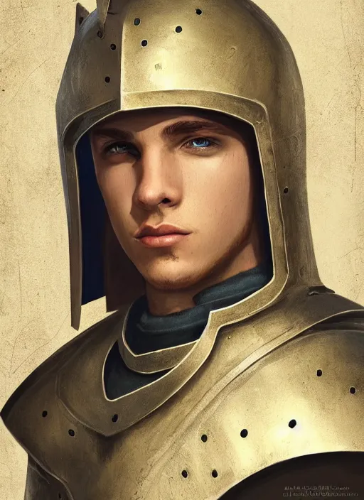 Prompt: oilpainting of a handsome young knight with a beautiful face and clear skin, long blond hair, knight armor, no helmet, medieval art, high resolution, clear image, digital art, studio photo, 4 k, clear lines, artstation