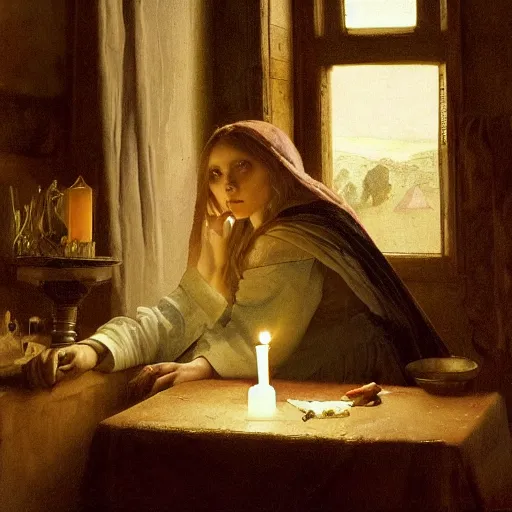 Image similar to elizabeth olsen, sitting in a dark kitchen in the medieval period, the only light illuminating is a candle on the desk, illustrated by gaston bussiere and johannes vermeer, artstation, cgsociety, artstation contest winner, artstation medieval, artstation fashion, 4 k, 8 k