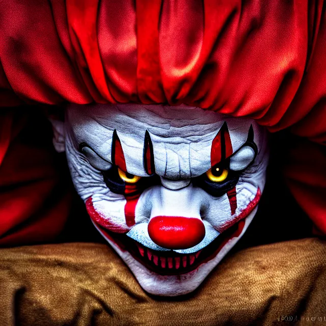 Prompt: scary clown hiding under bed highly detailed, 8 k, hdr, smooth, sharp focus, high resolution, award - winning photo