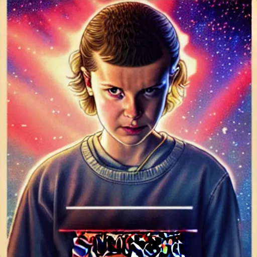 Image similar to eleven from stranger things, nighttime, outdoors, town background, intricate, highly detailed, digital painting, artstation, official media, anime key visual, concept art, ambient lighting, sharp focus, illustration, 1980's anime style, art by Artgerm, Makoto Shinkai, Ilya Kuvshinov, Lois Van Baarle, and Rossdraws