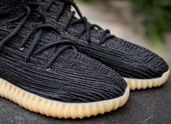 Image similar to product still of Black Panther signature Yeezys , black with silver panther teeth accents, 85mm f1.8