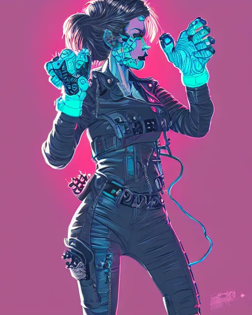 Prompt: a punk girl with a huge power glove, bust shot, smooth, intricate, elegant, power aura, digital painting, artstation, concept art, sharp focus, illustration, art by josan gonzalez, high contrast