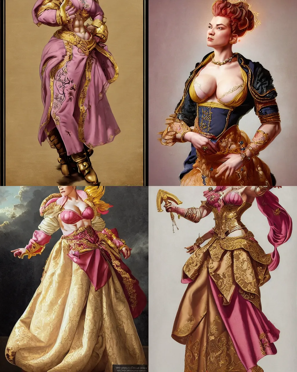 Prompt: Detailed Baroque painting of Zarya from overwatch as an elegant noblewoman, brocade dress, style of jeff easley and jc leyendecker, intricate, soft lighting, big wide broad strong physique |