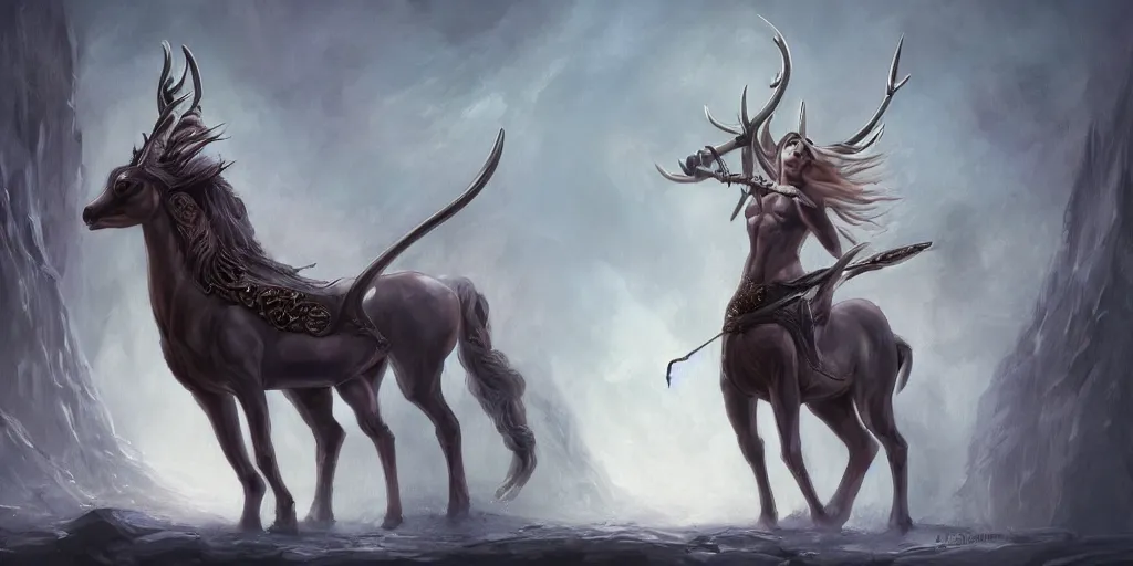 Image similar to The Elaphocentaur, deer elf hybrid, Fantasy epic painting, Keyframe Design, Freelance concept keyframe design.