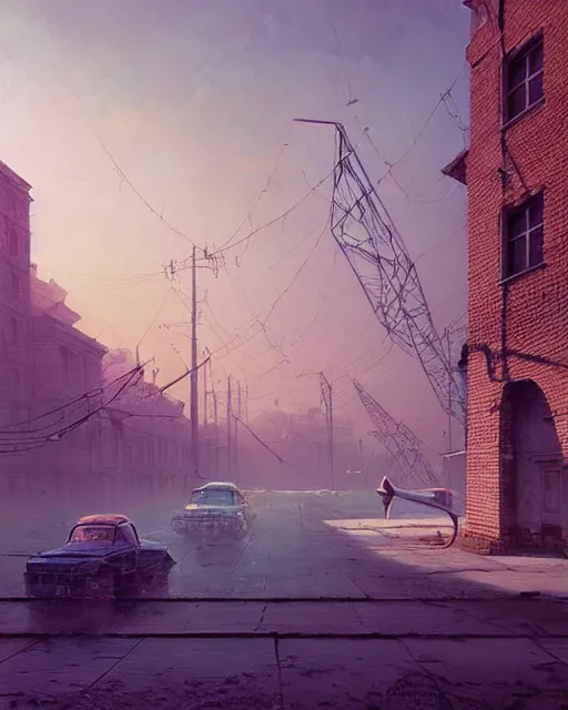 Image similar to a beautiful painting of old soviet city, by simon stalenhag and zdzisław beksinski and rene magritte and greg rutkowski, in style of digital art. hyper detailed, rim light, exquisite lighting, clear focus, very coherent, plain background, soft painting