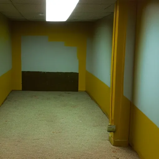 Image similar to flash low quality photograph of the backrooms, mustard - yellow old moldy moist carpet room, empty liminal space, very dark shadows, broken fluorescent lighting, horror movie scene, film grain