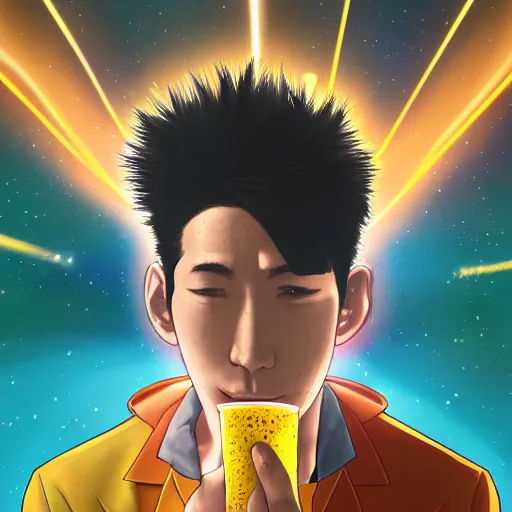 Image similar to A man drinking a cup of cosmic energy bright light by Masafumi Harada, 4k, digital art, surreal, anime style, space dandy style, highly detailed, godsend, artstation