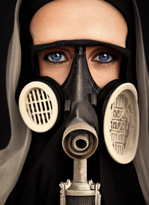 Prompt: closeup portrait of a gothic nun wearing a gas mask, depth of field, zeiss lens, detailed, symmetrical, centered, fashion photoshoot, by Annie Leibovitz and Steve McCurry, David Lazar, Jimmy Nelsson, Breathtaking, 8k resolution, extremely detailed, beautiful, establishing shot, artistic, hyperrealistic, beautiful face, octane render