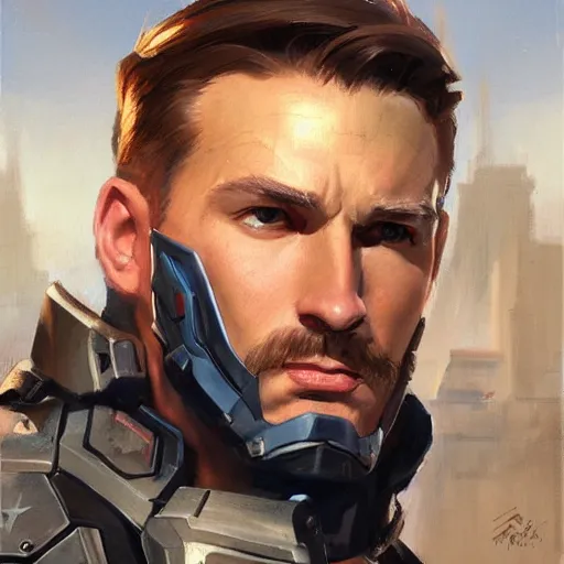 Image similar to greg manchess portrait painting of heavily armored captain america as overwatch character, totally whack, medium shot, asymmetrical, profile picture, organic painting, sunny day, matte painting, bold shapes, hard edges, street art, trending on artstation, by huang guangjian and gil elvgren and sachin teng