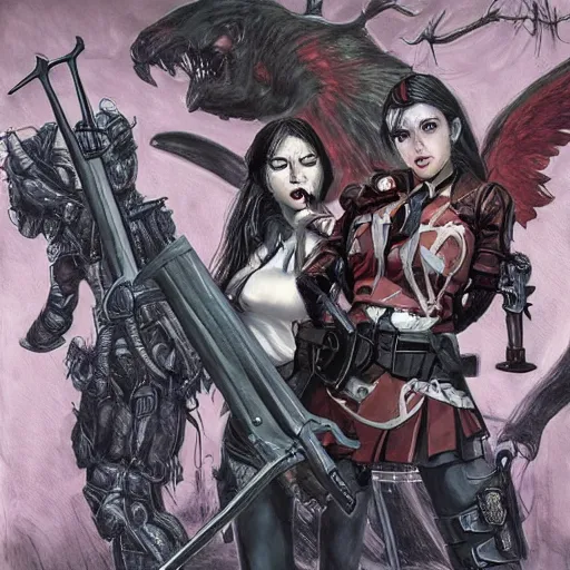 Image similar to a shotgun - toting modern day hunter ; and a sword - wielding magical girl stand back to back against a wall while darkspawn creatures approach them. realistic modern horror rpg painting, by frank cho, dynamic layout