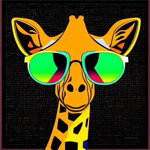 Image similar to a closeup of a giraffe wearing shades, in retro colors, synthwave style, 2 d digital vector art