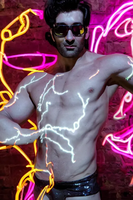 Image similar to full-body rococo and cyberpunk style neon statue of a muscular attractive Jason Baldoni wearing cholo shades macho dotado e rico android sim roupa reclining con las piernas abertas e la piroca dura, ethereal white dripping tar, glowing white lasers, pink tigers, glowing eyes, silver prince crown, black gears, pink diamonds, swirling mint-colored silk fabric. futuristic elements. full-length view. human skulls. large intricate artwork by caravaggio. Trending on artstation, octane render, cinematic lighting from the right, hyper realism, octane render, 8k, depth of field, 3D