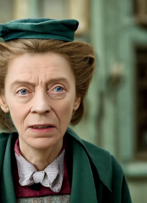 Image similar to film still of Nanny McPhee as Professor Minerva McGonagall in Harry Potter, 4k