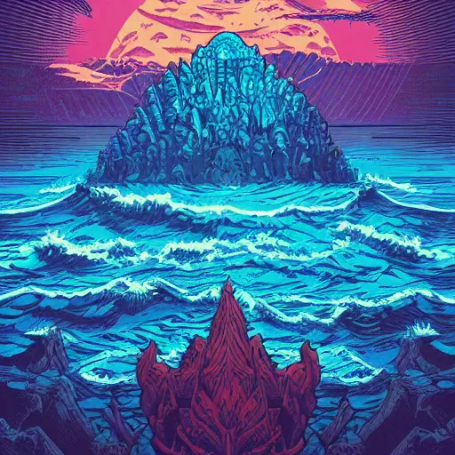 Prompt: a mountain of skulls amidst the ocean, atlantis, morning light, dan mumford color scheme