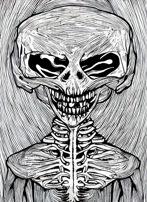 Image similar to a creepy alien skeleton, spooky halloween theme, color illustration line art style