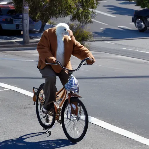 Image similar to an eagle riding a bicycle in the streets of la, smoking a cigar