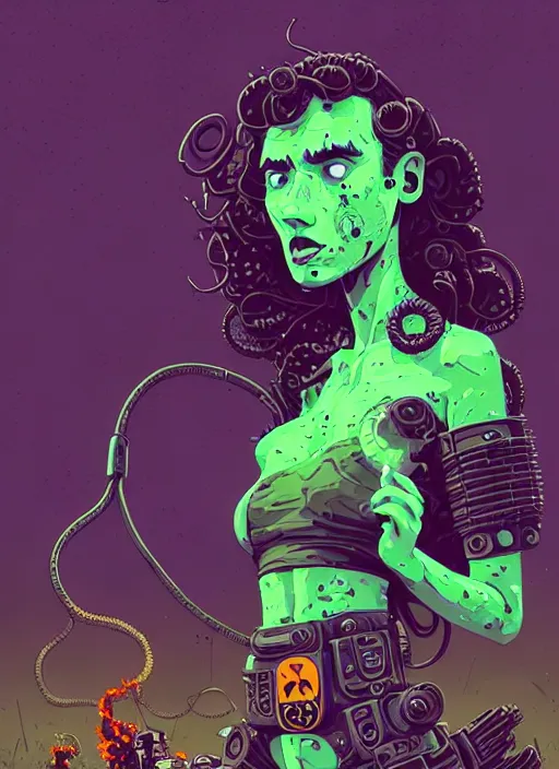 Image similar to highly detailed portrait of a lonely wasteland punk long dripping curly brown nuclear hair tribal lady, stray green slime hoses by atey ghailan, james gilleard, by joe fenton, by greg rutkowski, by greg tocchini, by kaethe butcher, 4 k resolution, gradient purple, brown black and white color scheme!!! ( ( green flaming robotic sewer background ) )