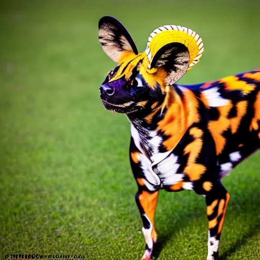 Image similar to The world's greatest showman: the african painted dog dressed in a hat!