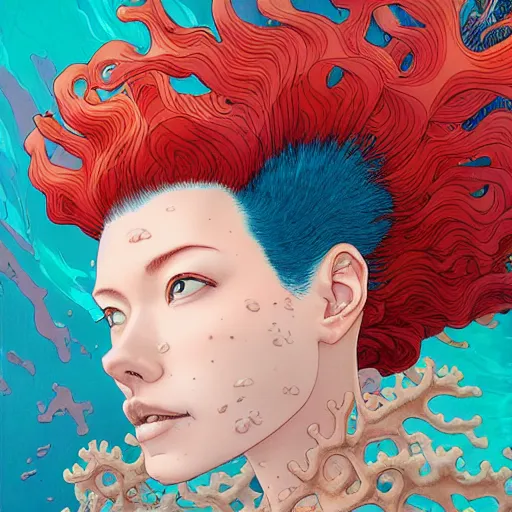 Image similar to woman with coral reef hair portrait soft light painted by james jean and katsuhiro otomo and erik jones, inspired by akira anime, smooth face feature, intricate oil painting, high detail illustration, sharp high detail, manga and anime 1 9 9 9