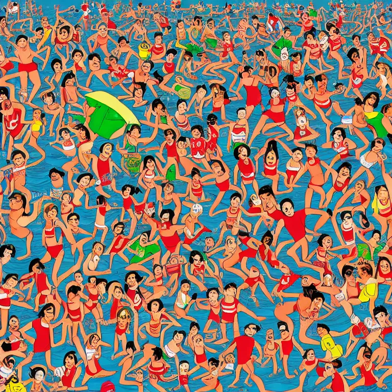 Image similar to high detailed full page spread from the where's waldo at a densely populated beach, high angle medium wide, where's waldo character large in the top right, high detail illustration, coherent