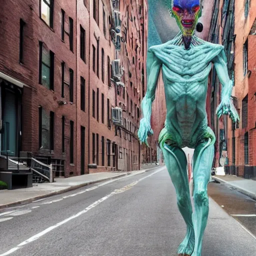 Prompt: an 8 k super hi res hdr realistic humanoid alien walking down a street in brooklyn