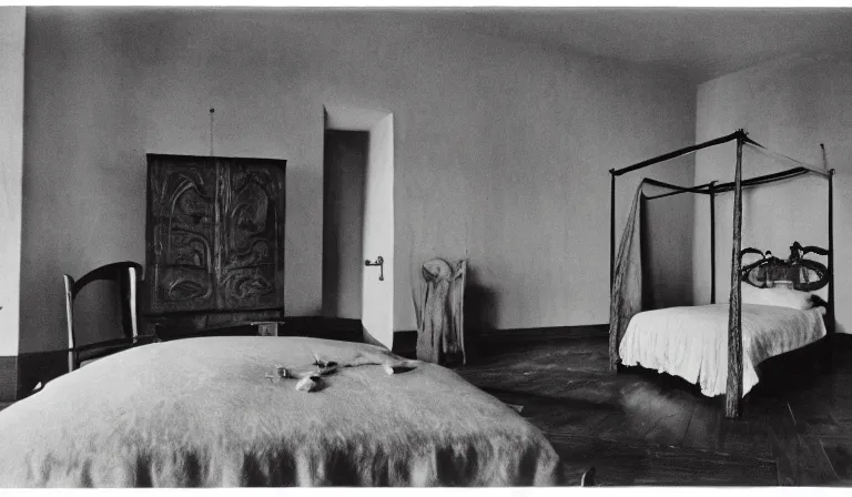 Image similar to A bedroom designed by Leonora Carrington, 35mm film, long shot