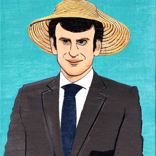 Image similar to a portrait of emmanuel macron wearing a straw hat in a scenic environment, traditional japanese art