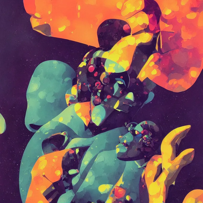 Image similar to a dark sci - fi close - up portrait of a geometric woman becoming colorful puffy cartoon clouds. reflective detailed textures. gloomy lighting, black background. highly detailed fantasy science fiction painting by, moebius, norman rockwell, frank frazetta, and syd mead. high contrast. artstation