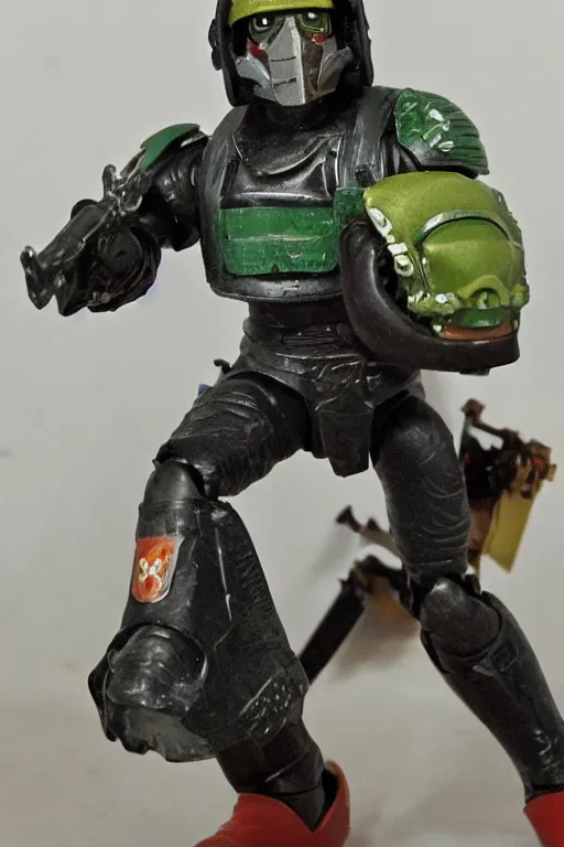 Image similar to 1 9 8 6 kenner action figure, 5 points of articulation, sci fi, high detail, helmet with visor, warhammer 4 0 0 0